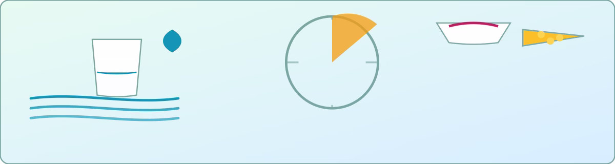 Abstract banner: water glass and droplet (hydration), clock wedge highlighting 3–5 pm, and simple yogurt cup with cheese (protein)