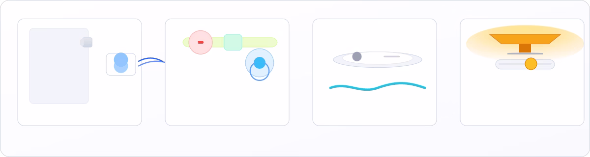 Four tech tiles: door sensor with plug-in chime, medical ID band with simple tracker badge, white-noise puck with a gentle waveform, and a warm table lamp with a dimmer slider.
