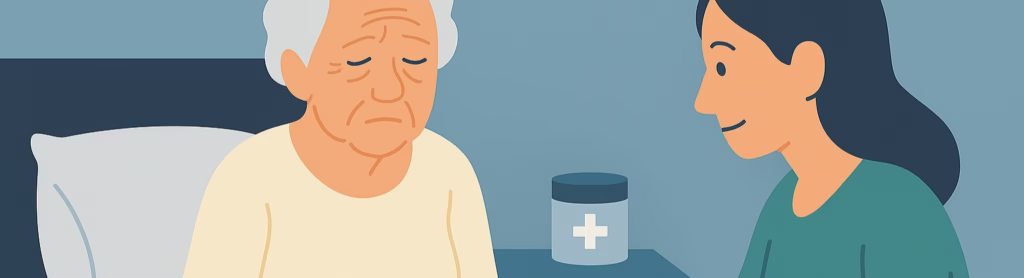 A caregiver gently applies cream to an older adult’s arm in a calm, softly lit room.