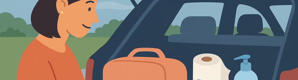 A caregiver organizes travel essentials for an older adult, placing supplies neatly into a small bag.